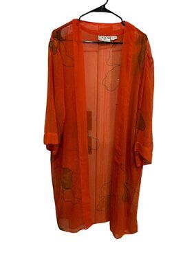 Kloz Lyne Sheer Orange Floral Kimono Cardigan Duster Size Large Boho Cottagecore
